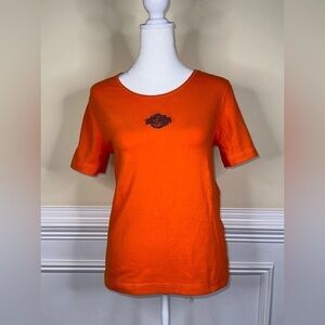 Harley Davidson Womens Orange Embroidered Logo Short Sleeve T-Shirt Size Large